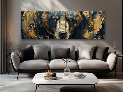Black Gold Wood Art – Natural Wood Print with Abstract Black and Gold Bears