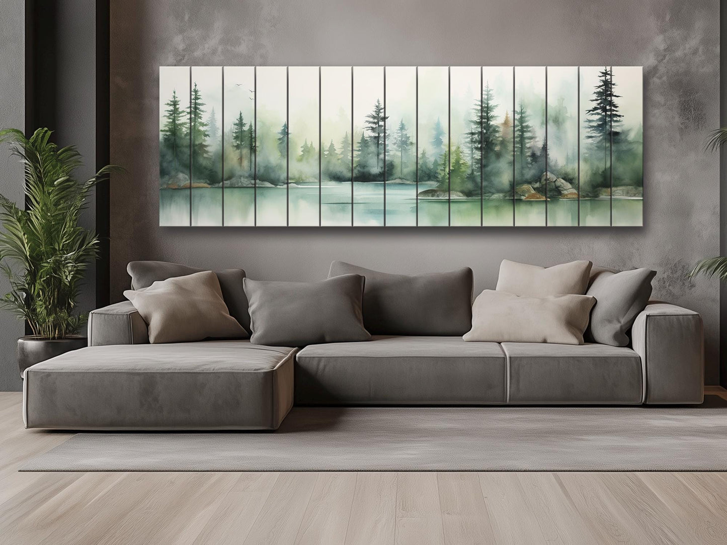 Lake And  Forest in Soft Watercolor Print On Natural Wood