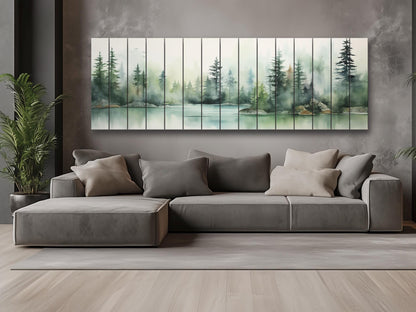 Lake And  Forest in Soft Watercolor Print On Natural Wood