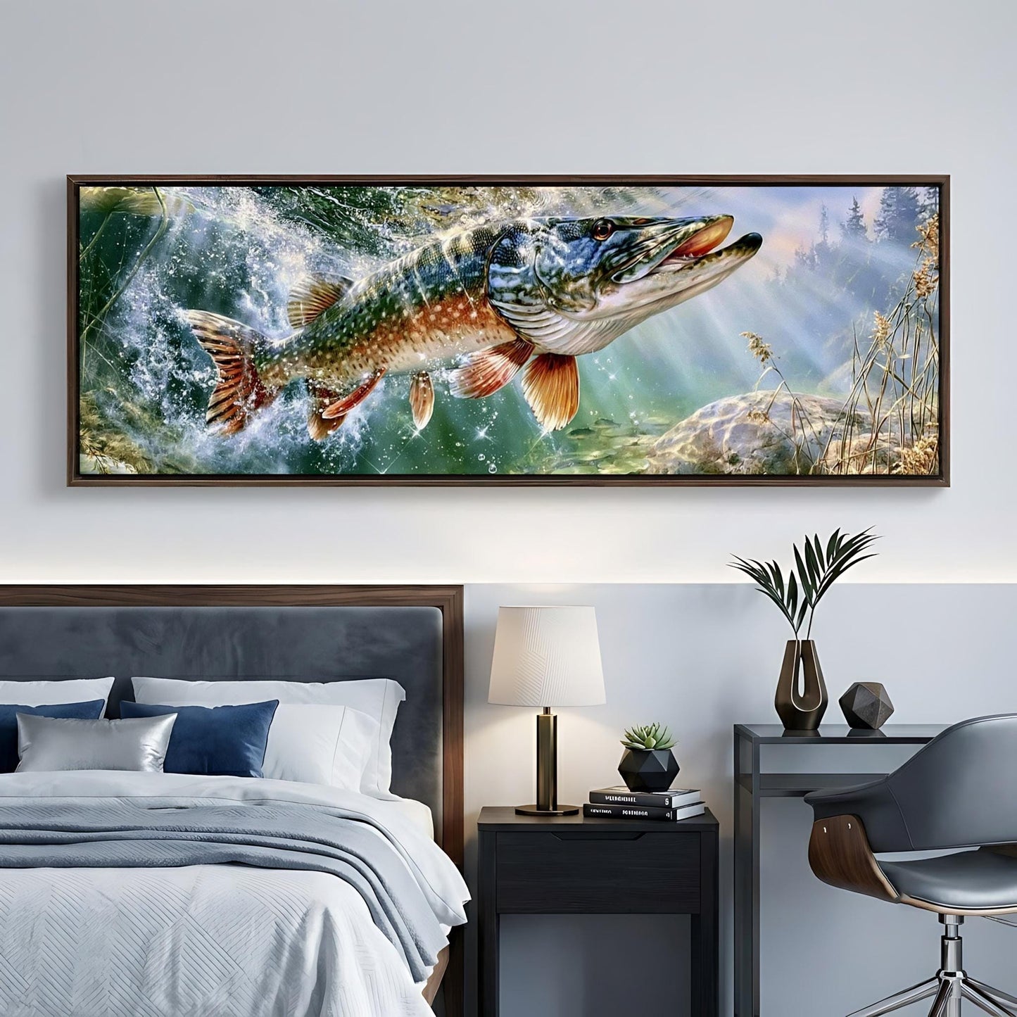 a large painting of a fish swimming in a body of water, hanging on a wall above a bed in a bedroom.
