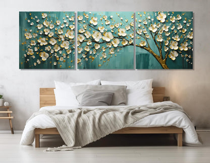 Abstract Tree Canvas Print - Teal Panoramic Painting | Ready to Hang Floral Wall Art