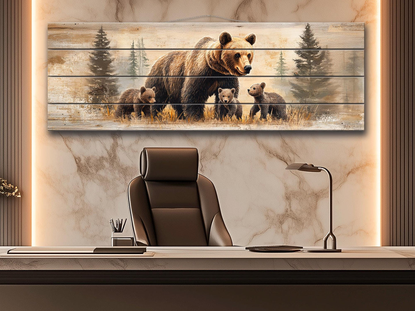 Rustic Wood Wall Art | Bear Family Artwork on Natural Wood - Cozy Rustic Cabin Decor