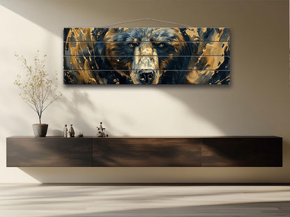 Black Gold Wood Art – Natural Wood Print with Abstract Black and Gold Bears