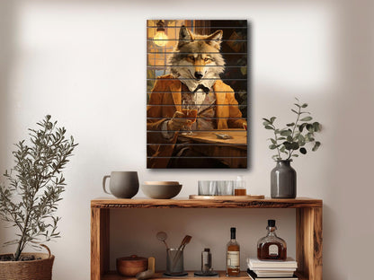 Wood Bar Wall Art – Wolf Bartender Artwork on Natural Wood Plank Print