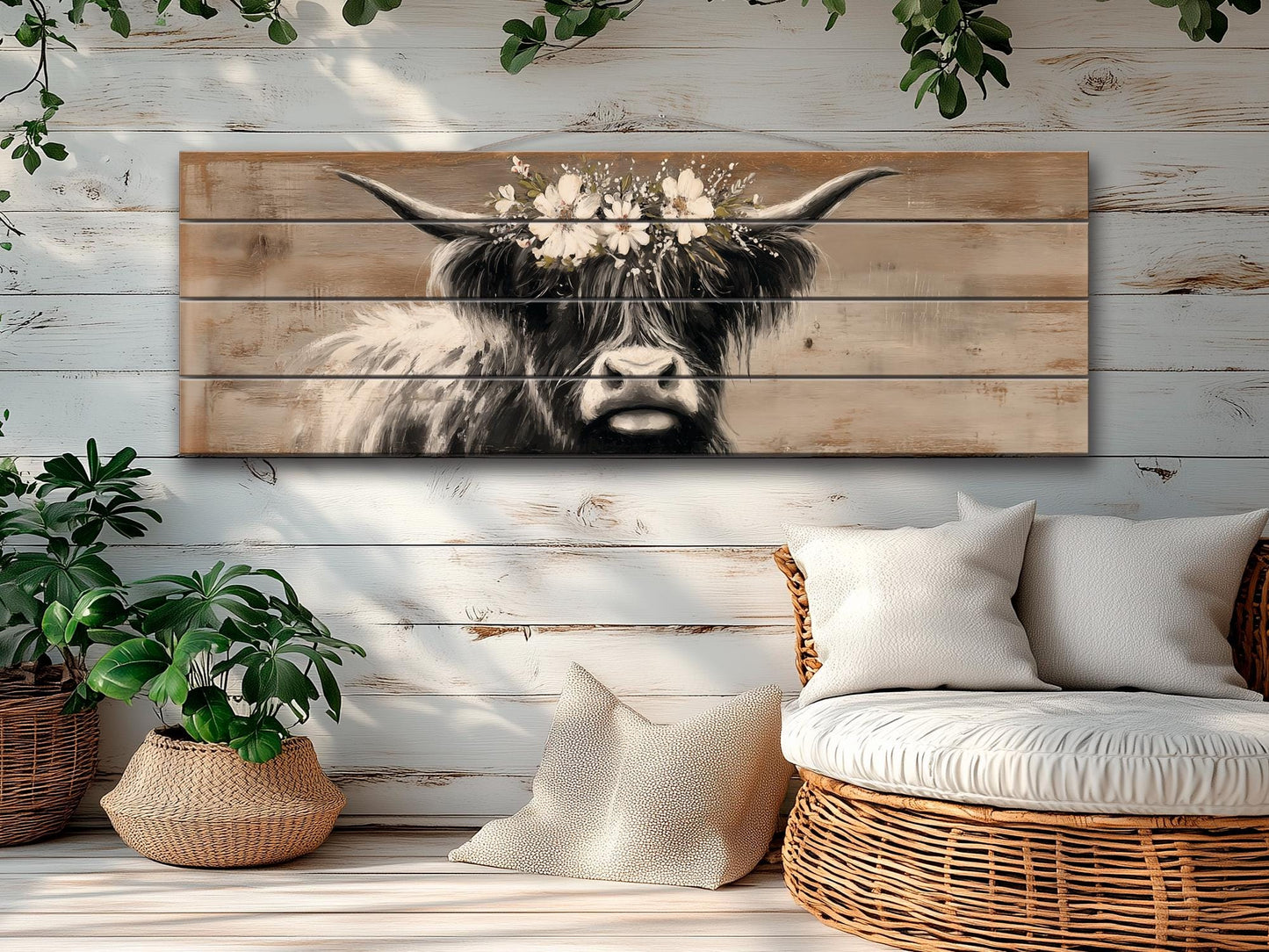Highland Cow Wall Art – Rustic Wood Art Print | Farmhouse Wall Decor Floral Cow Print