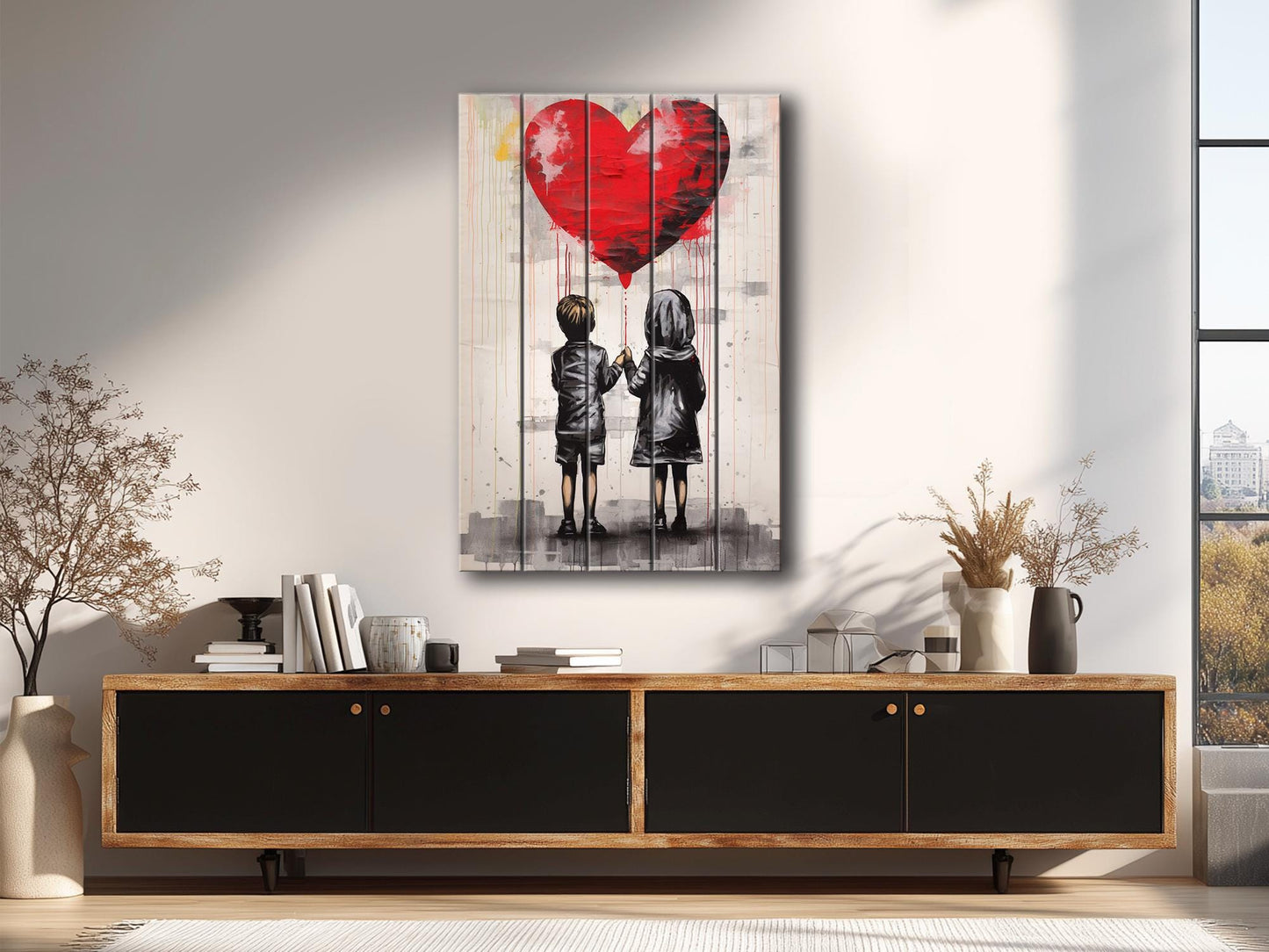 Wood Wall Art – Girl And Boy Balloon Graffiti Wood Print | Banksy Style Urban Decor