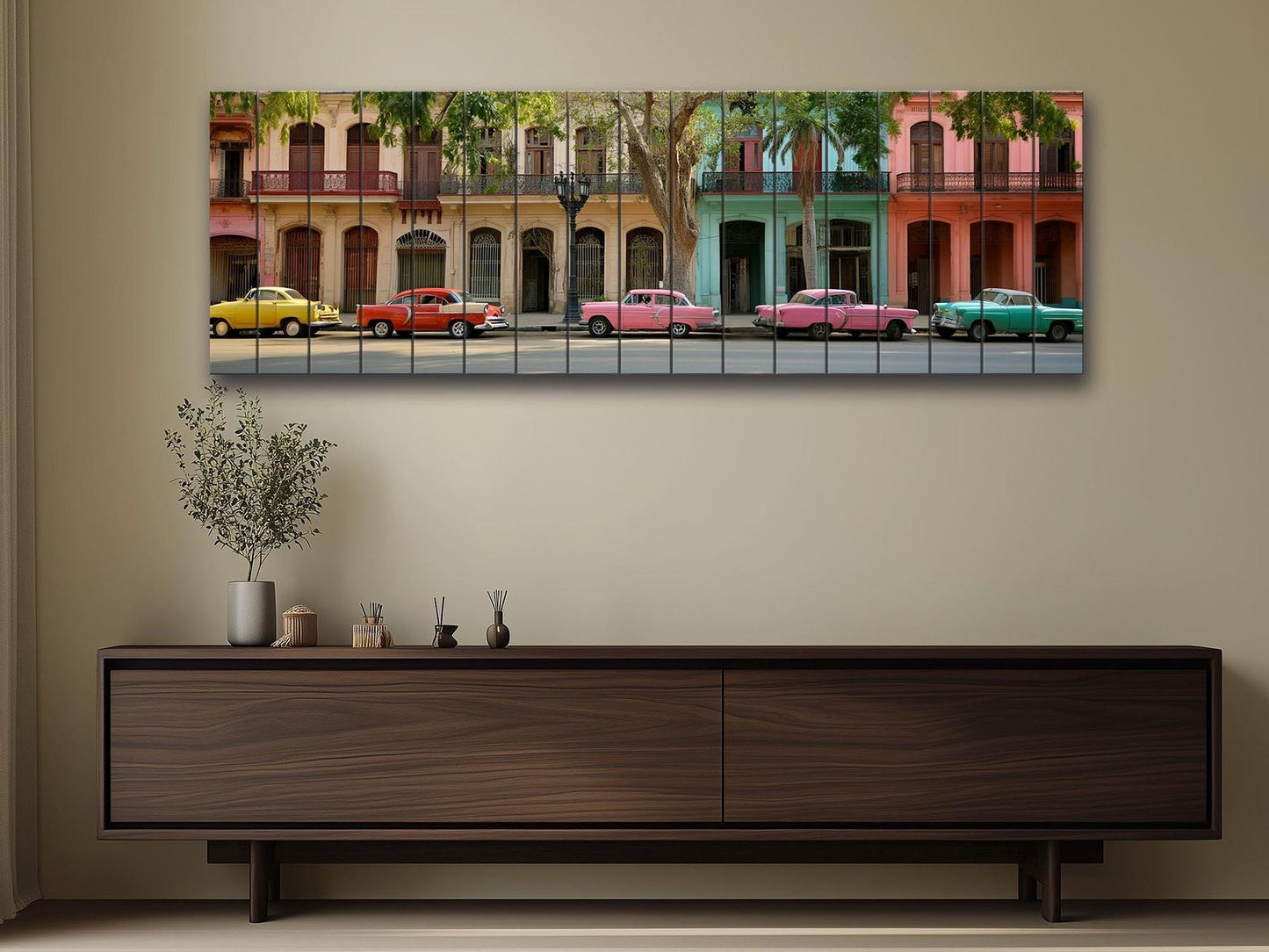 a large, colorful painting of a street scene with a row of old cars parked along the curb.