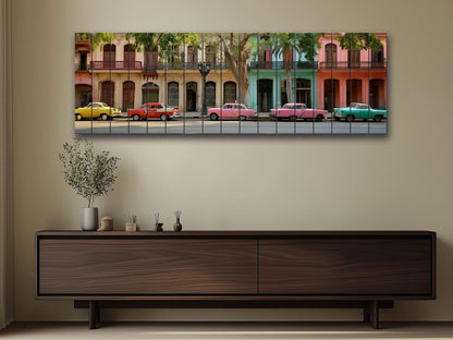 a large, colorful painting of a street scene with a row of old cars parked along the curb.