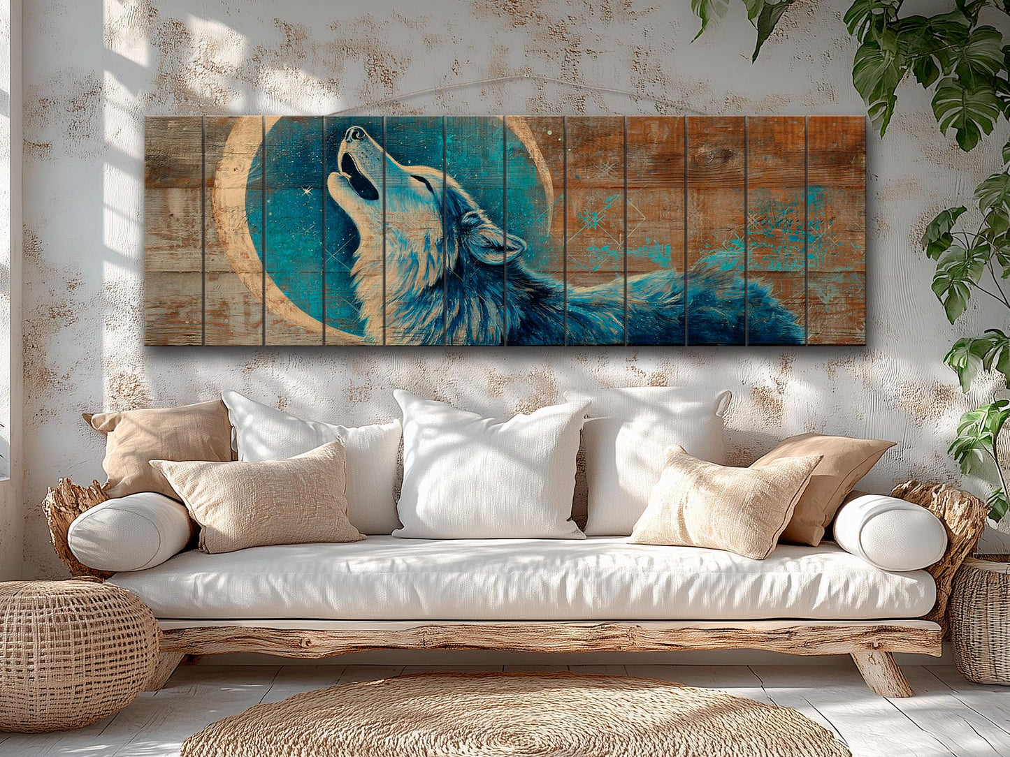 Wood Wall Art - Mystical Wolf Howling on Full Moon Print on Natural Wood, Howling Wolf Painting, Native American Wall Decor, Rustic Wolf Art