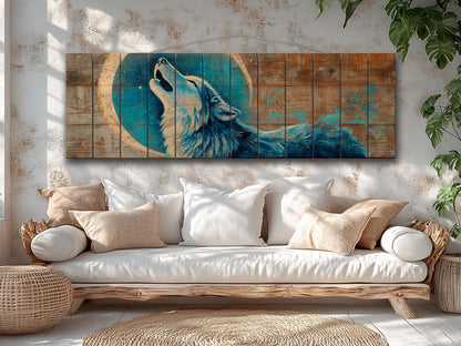 Wood Wall Art - Mystical Wolf Howling on Full Moon Print on Natural Wood, Howling Wolf Painting, Native American Wall Decor, Rustic Wolf Art