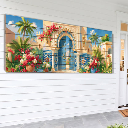 Moroccan Palace Gate Canvas Print, Blue Door Wall Art, Moorish Architecture Painting, Exotic Courtyard Decor