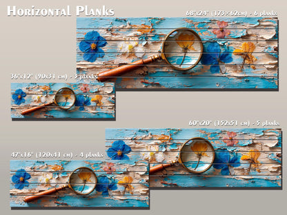 Pressed Flowers Wood Print – Rustic Nature Art on Blue Peeling Paint Wood Planks