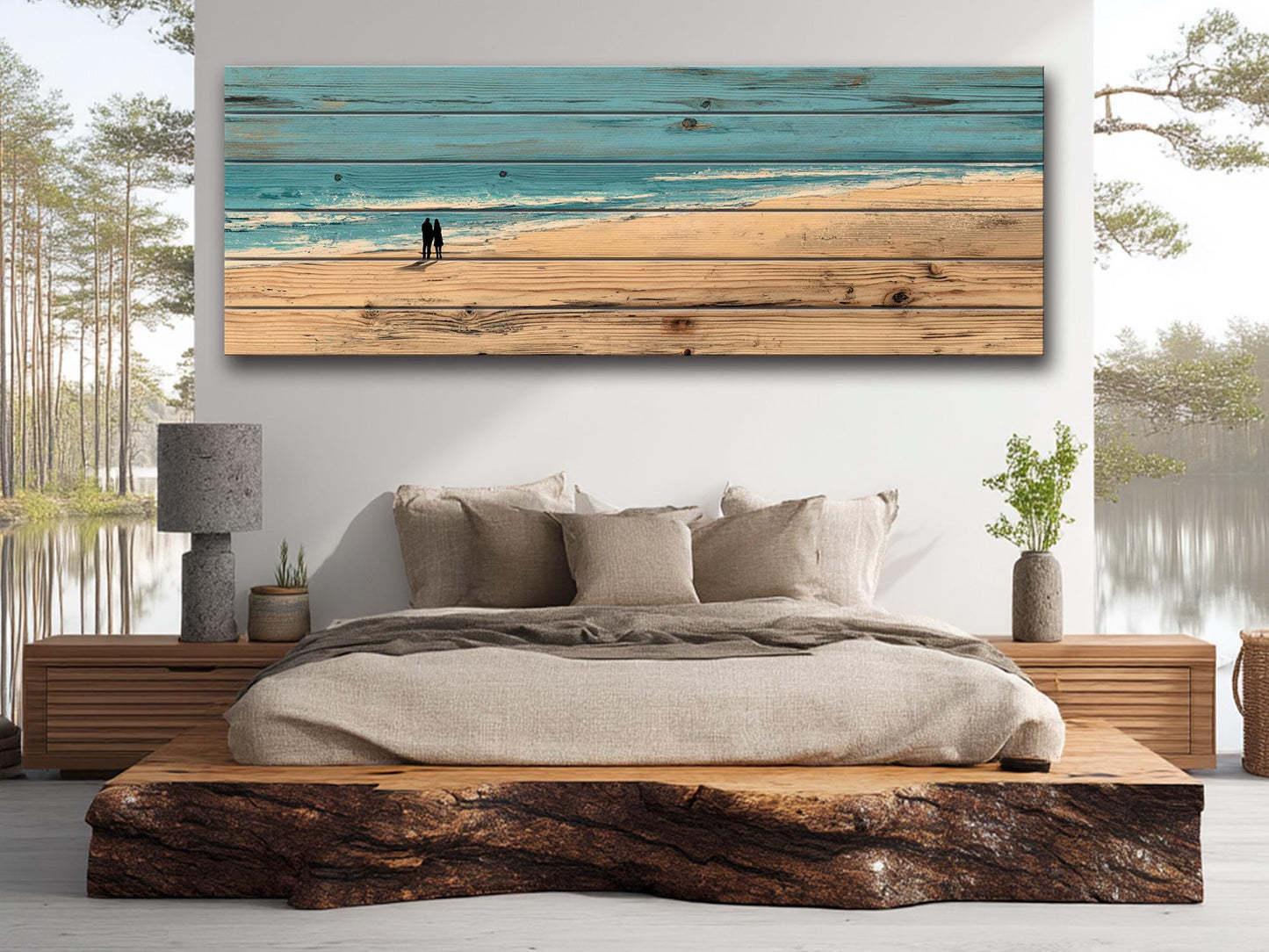 Coastal Wall Art – Wooden Coastal Print of Couple Walking on Beach House Decor