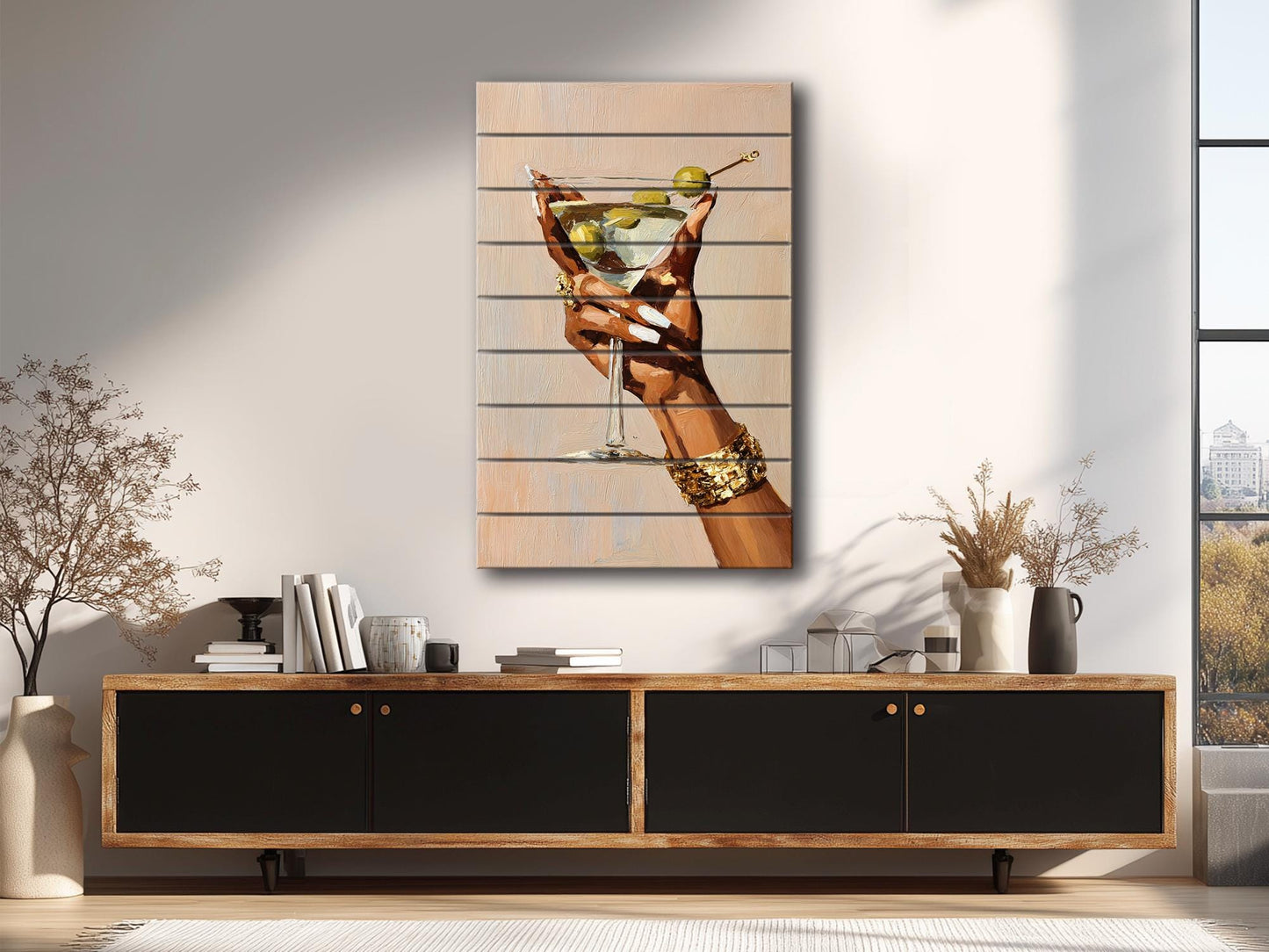 Wood Wall Art – Elegant Martini Glass Artwork on Natural Wood Planks | Minimalist Decor