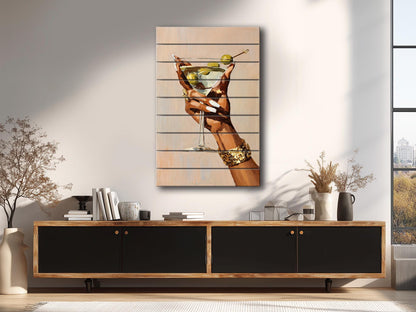 Wood Wall Art – Elegant Martini Glass Artwork on Natural Wood Planks | Minimalist Decor