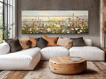 Whimsical Field of Wild Flowers Printed On Natural Wood - Rustic Wall Art