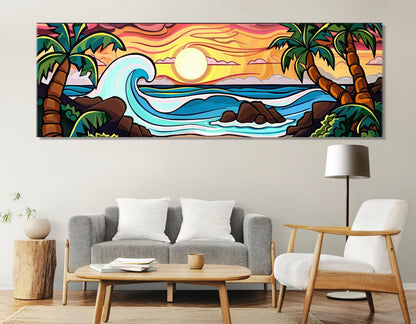 Abstract Tropical Canvas Art, Sea and Palms Painting Canvas Print, Tropical Painting, Abstract Tropical Landscape, Framed and Ready to Hang