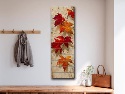 Rustic Wooden Wall Art – Falling Maple Leaves Print on Natural Wood Planks