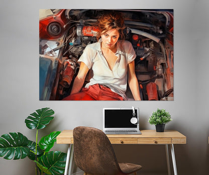 Mechanic Woman Canvas Print - Retro Mechanic Painting | Framed Gallery Wrapped Wall Art