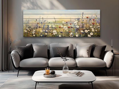 Whimsical Field of Wild Flowers Printed On Natural Wood - Rustic Wall Art