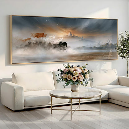 a large painting of a landscape with a castle in the background, hanging on a wall above a white sofa and a round coffee table with a vase of flowers.