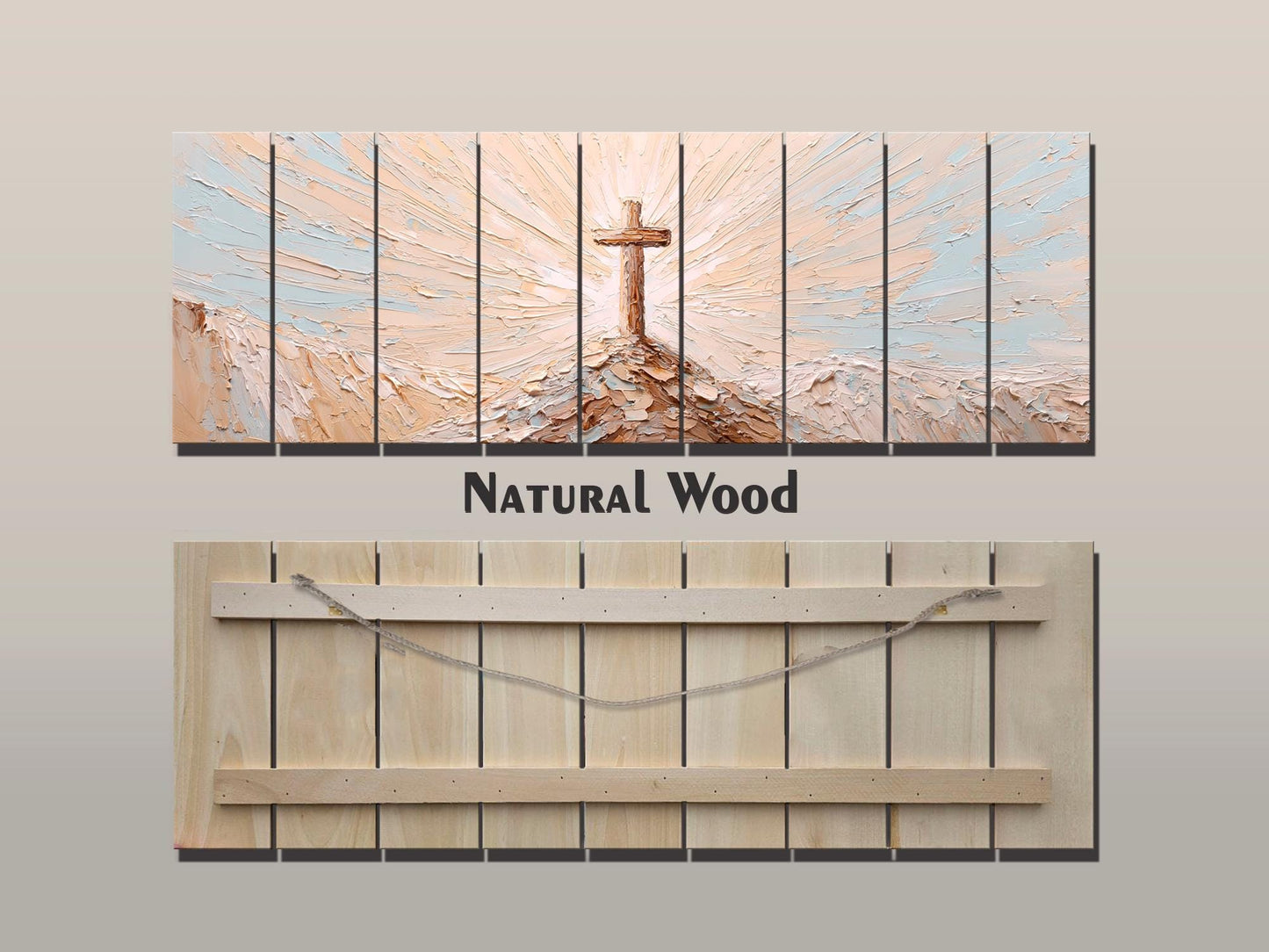 Wooden Cross on Mountain Peak Wood Print Wall Art, Religious Wall Decor