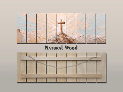 Wooden Cross on Mountain Peak Wood Print Wall Art, Religious Wall Decor