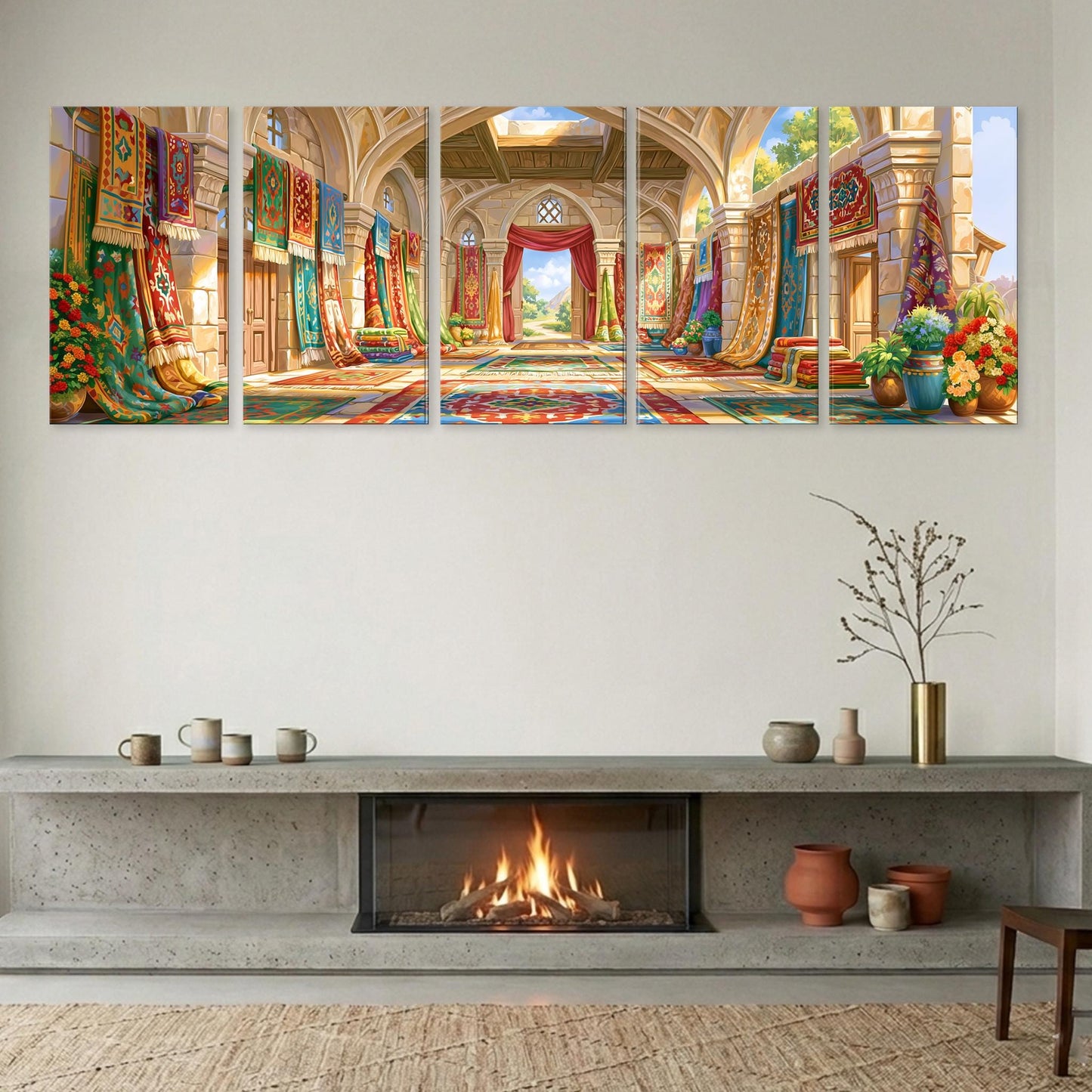The image is a large, multi-panel painting depicting an ornate, colorful hallway with arches, columns, and a fireplace.