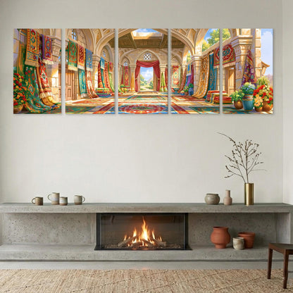 The image is a large, multi-panel painting depicting an ornate, colorful hallway with arches, columns, and a fireplace.