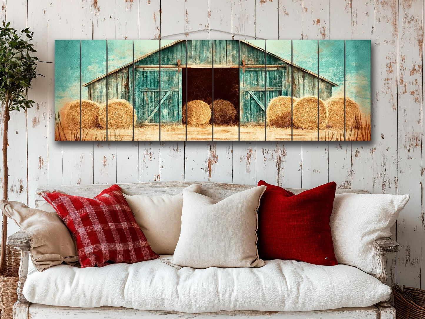 Rustic Barn Wall Art – Handcrafted Wood Plank Print with Hay Bales for Cozy Farmhouse Decor