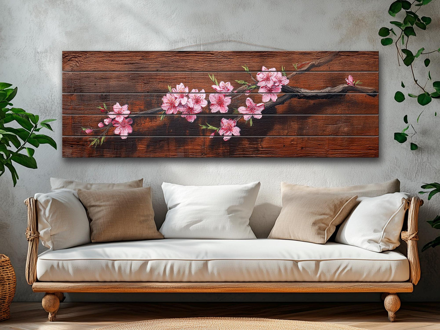 Sakura Branch Wood Art – Japanese Cherry Blossom Print on Natural Wood Wall Decor