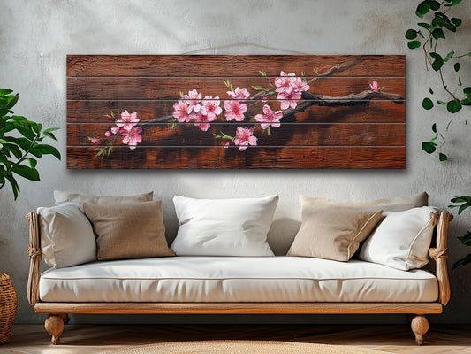 Sakura Branch Wood Art – Japanese Cherry Blossom Print on Natural Wood Wall Decor