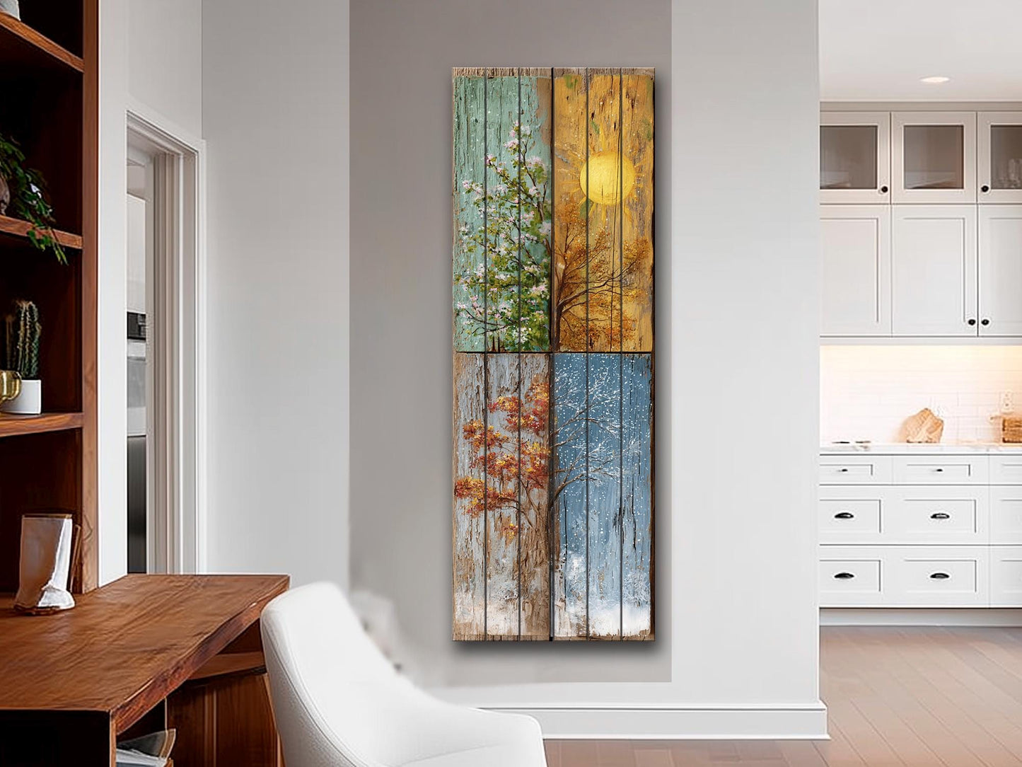 Rustic Wood Wall Art – Four Seasons Artwork on Natural Wood Planks | Cozy Living Room Decor