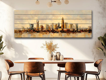 Charlotte Skyline Wood Print – Rustic Wall Art | Beige Cream Painting on Distressed Wood