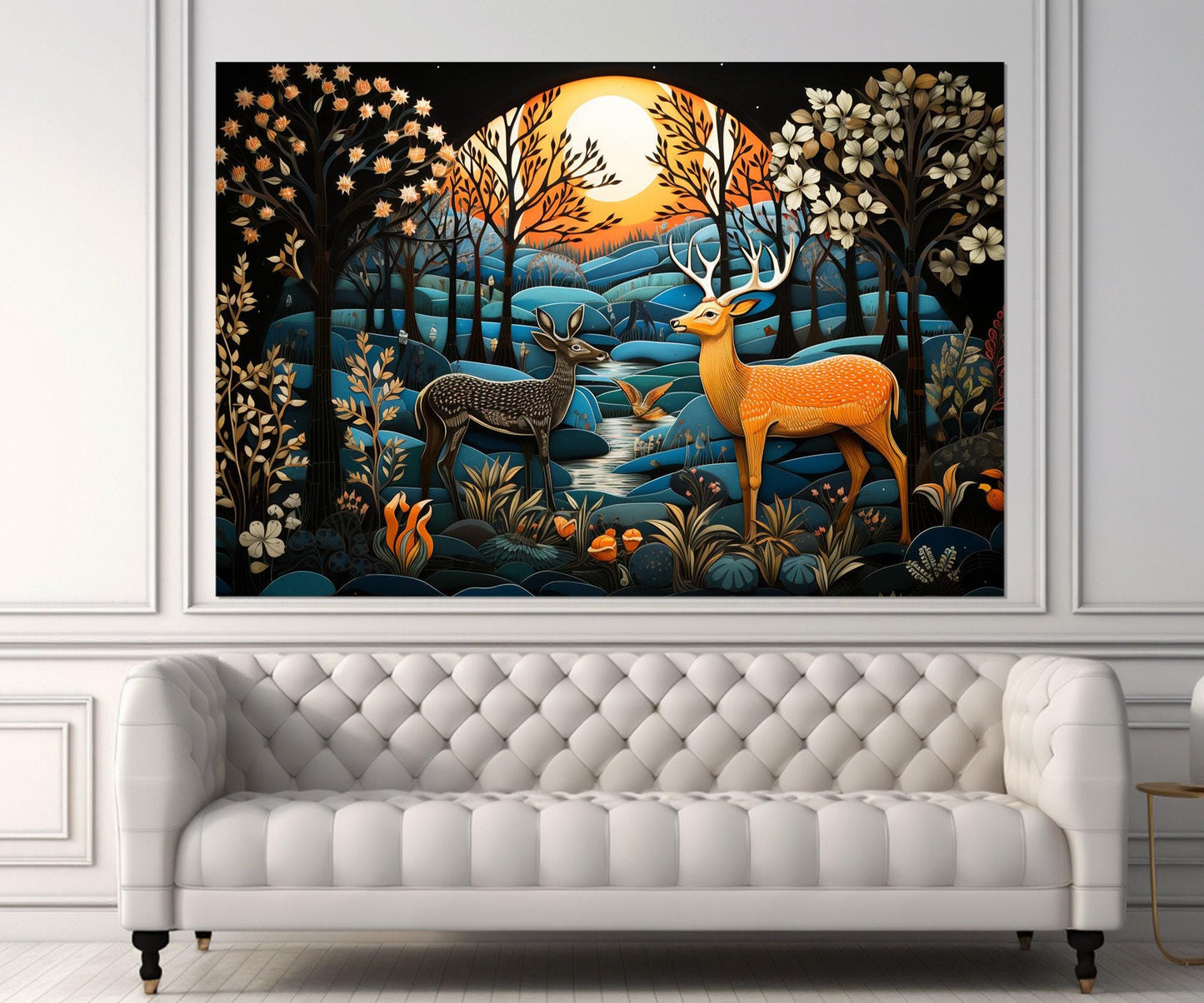 Fantasy Deer Canvas Print – Madhubani Style Framed Wall Art, Ready to Hang