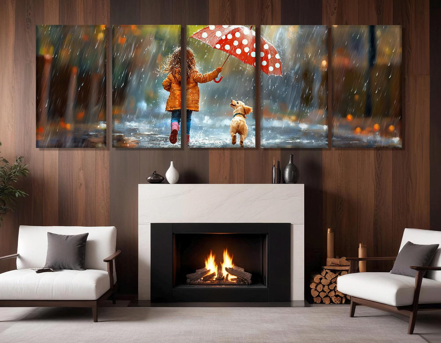Puppy Canvas Print – Framed Cotton Wall Art | Little Girl Puppy Under Rain Painting