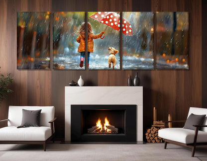 Puppy Canvas Print – Framed Cotton Wall Art | Little Girl Puppy Under Rain Painting
