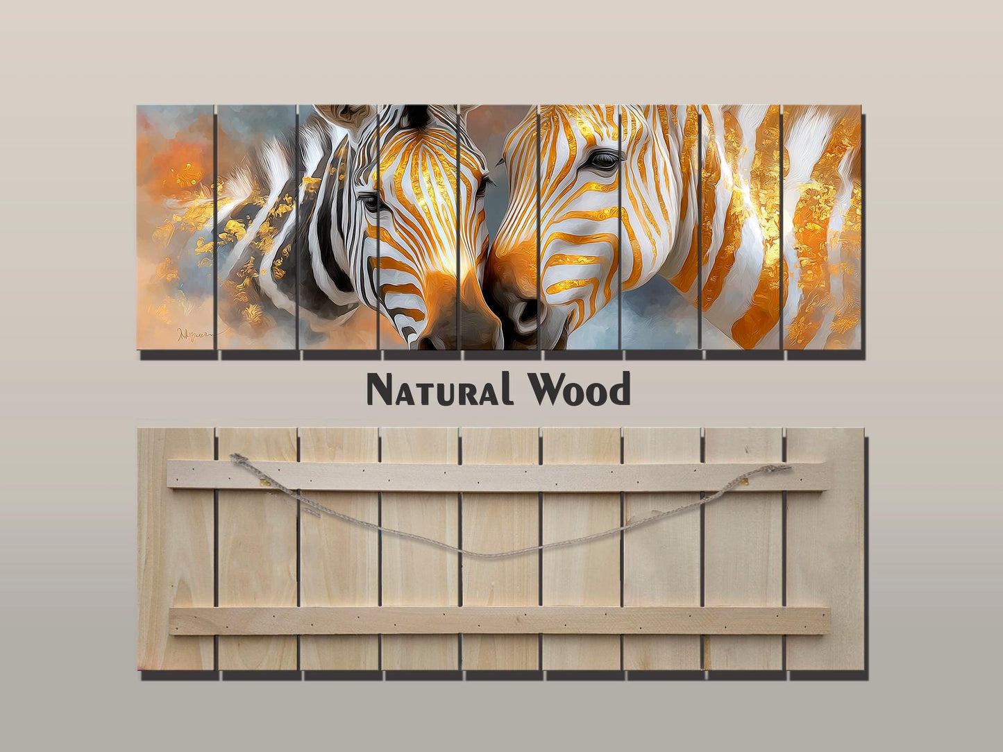 Golden Zebra Couple Print on Wood, Rustic Romantic Wall Decor