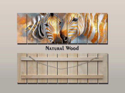 Golden Zebra Couple Print on Wood, Rustic Romantic Wall Decor