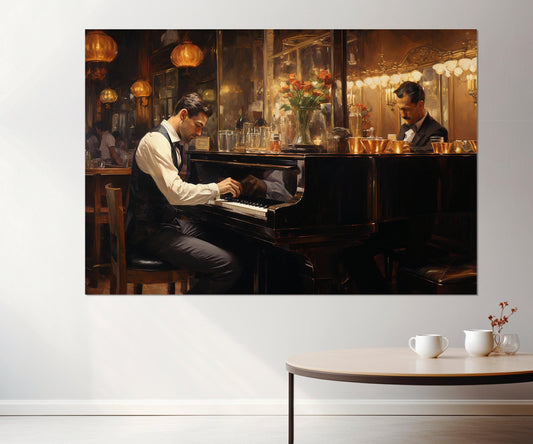 Piano Wall Art – Vintage Bar Painting Framed Canvas Print, Ready to Hang