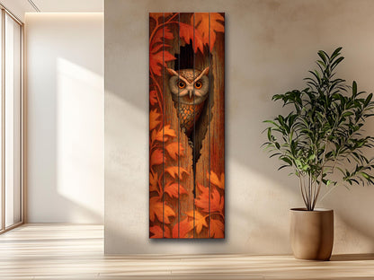 Curious Owl Peeking from a Hollow Tree with Autumn Leaves Print on Natural Wood, Vertical Autumn Painting, Wood Wall Art, Cozy Cabin Decor