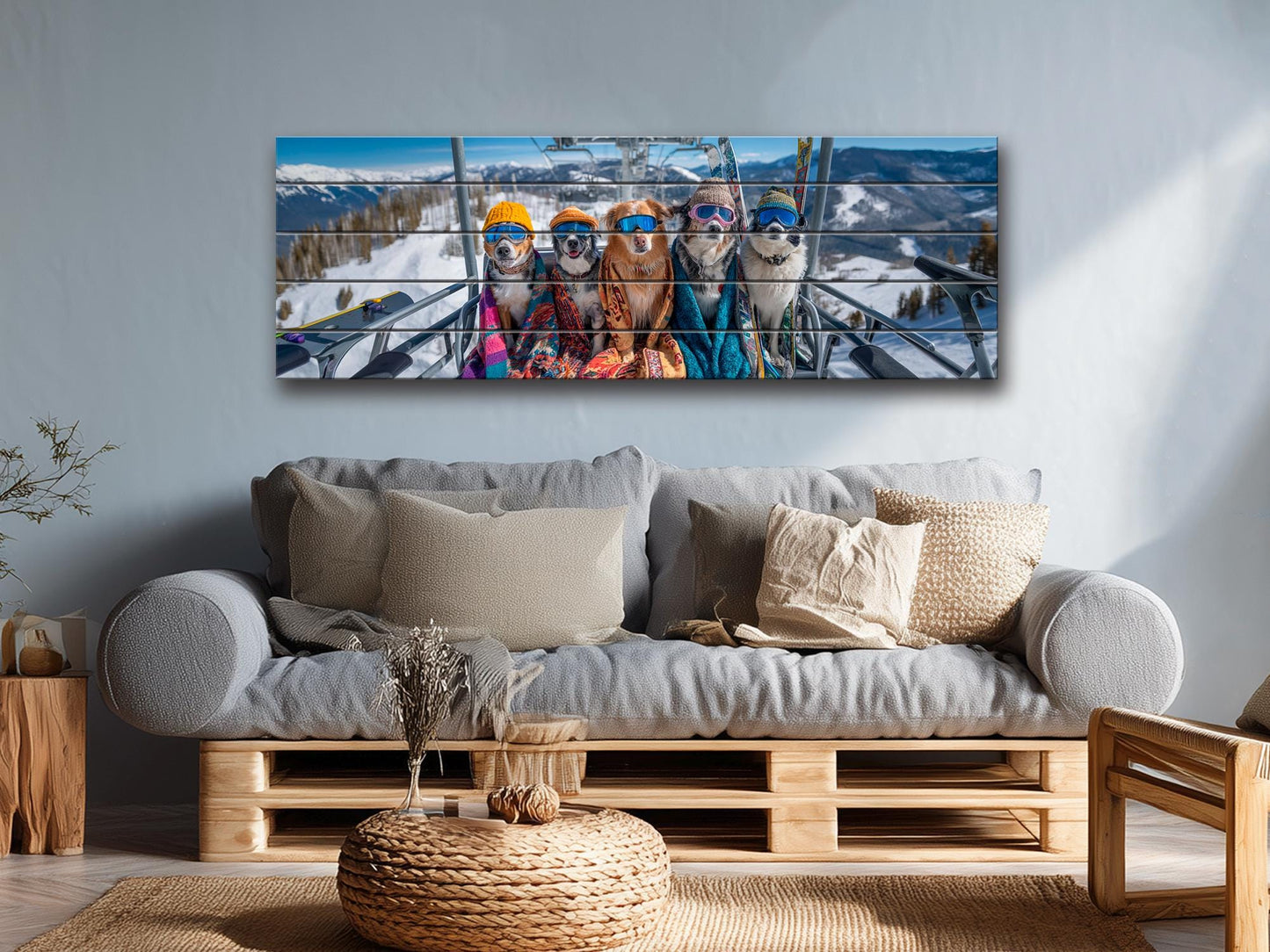 Skiing Dogs Wall Art – Mountain Wood Print | Cozy Winter Cabin Decor