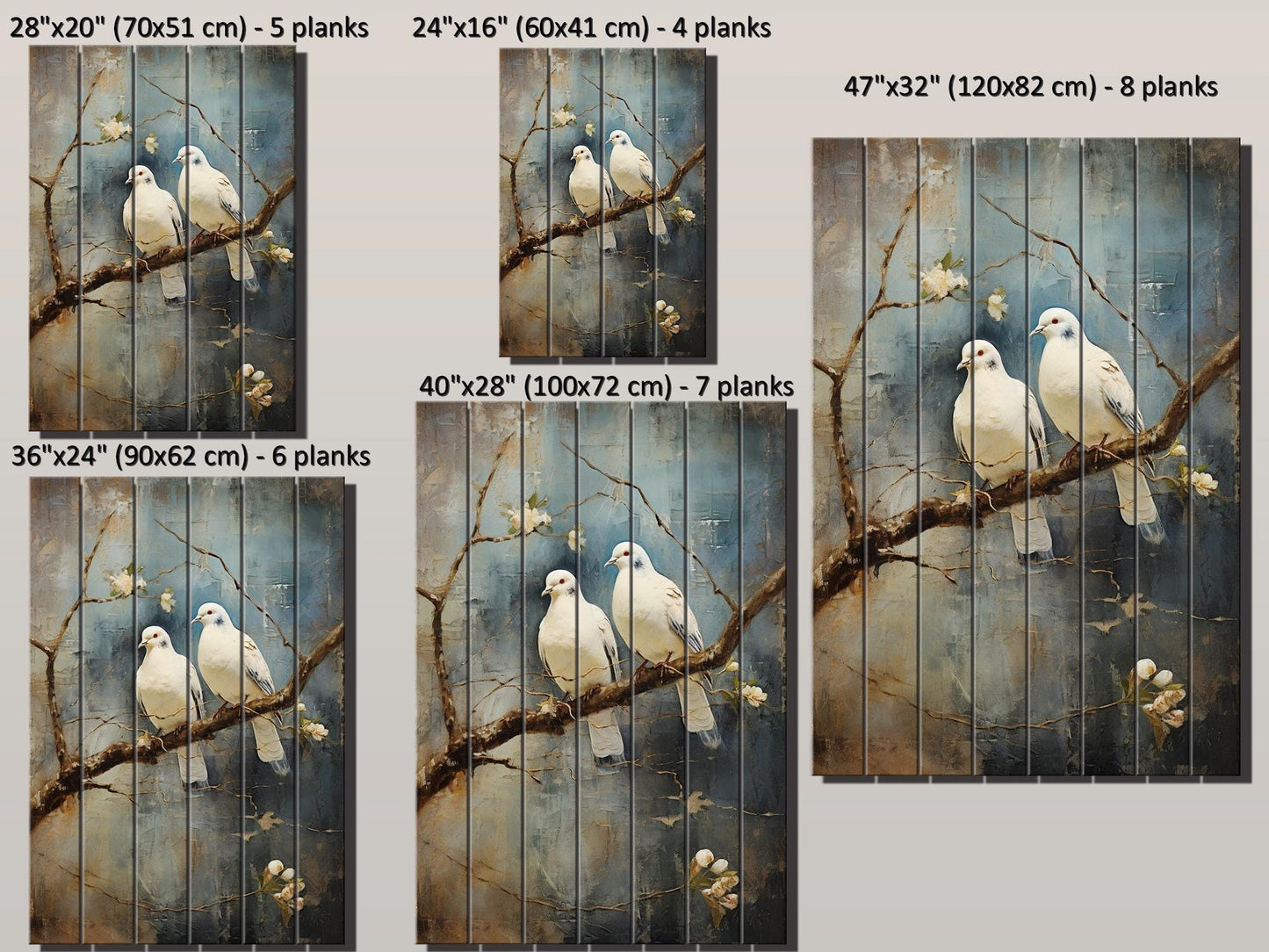 Romantic Wood Wall Art | Rustic Love Artwork Featuring Two White Pigeons on UV Printed Wood