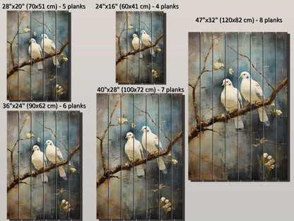 Romantic Wood Wall Art | Rustic Love Artwork Featuring Two White Pigeons on UV Printed Wood