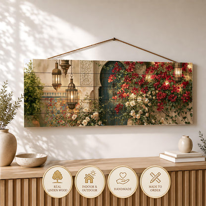 Moroccan Courtyard Canvas Print, Blue Door Wall Art, Floral Archway Painting, Islamic Architecture Canvas Decor