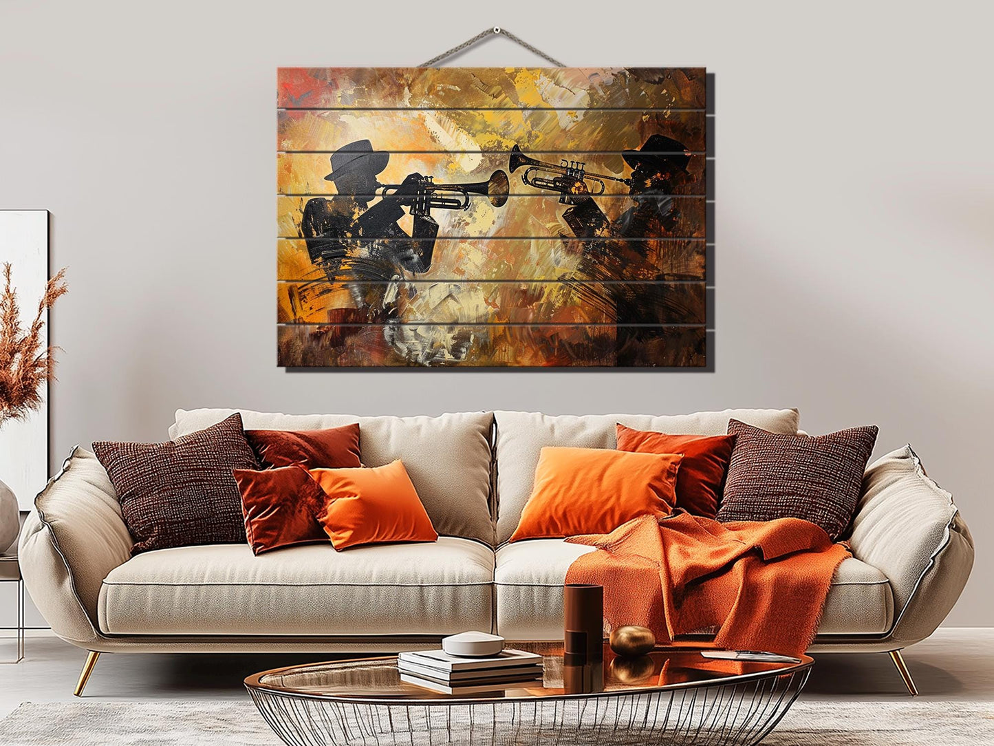 Rustic Wood Wall Art – Abstract Trumpet Painting on Wood | Jazz Music Decor