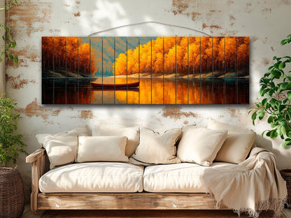 Wood Wall Art – Tranquil Lake Canoe Print on Natural Wood with Rustic Autumn Landscape