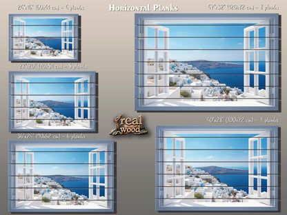 Santorini Wood Art - Natural Wood Print | Open Window Wall Decor on Planks