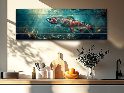 Rainbow Trout Wall Art – Wooden Wall Decor | Abstract Fish Poster on Wood Planks
