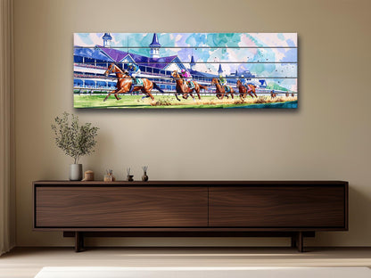 Horse Racing Wall Art – Rustic Natural Wood Print | Vibrant Outdoor Sports Decor